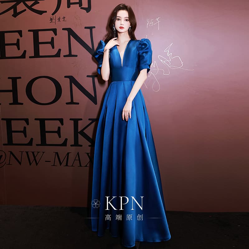 Blue Evening Gown 2023 New Style Premium Choir Performance Elegant High-End French Female Host Summer