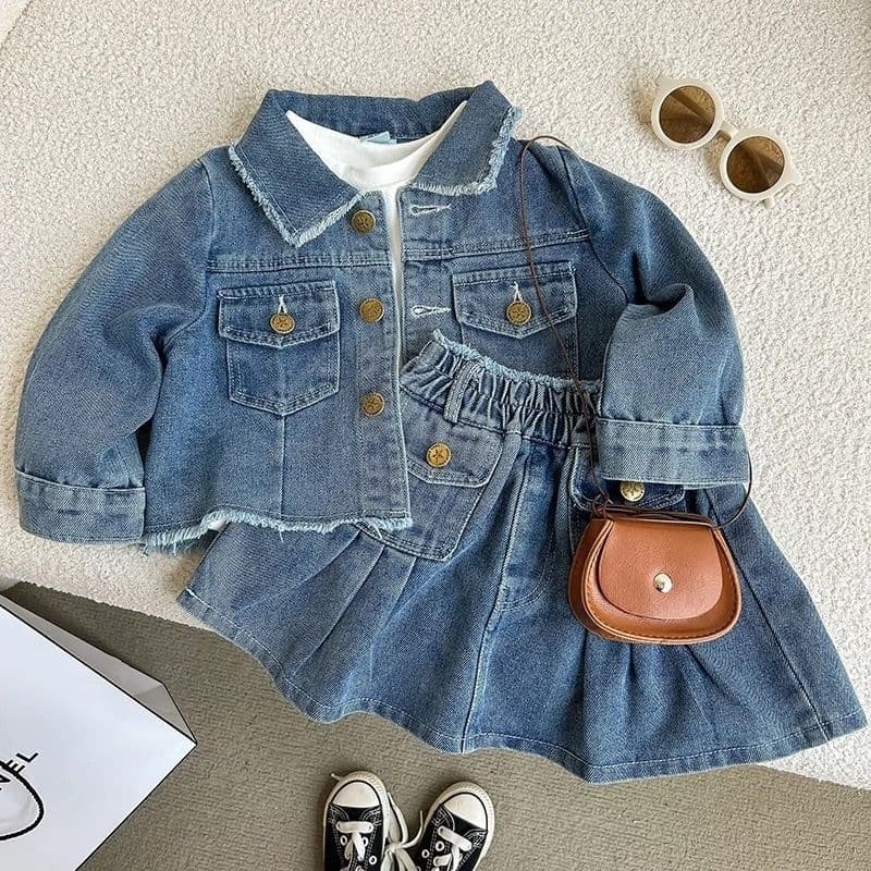 Baby Girl Retro Cotton Denim Jacket Set 2026 Spring and Autumn New Girls Skirt Stylish Two-Piece Set