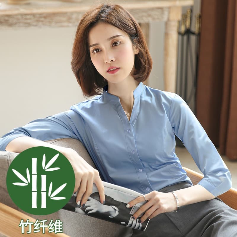 Women's Bamboo Fiber Professional White Blouse, 3/4 Sleeve V-Neck, Wrinkle-Free Formal Work Shirt, Autumn