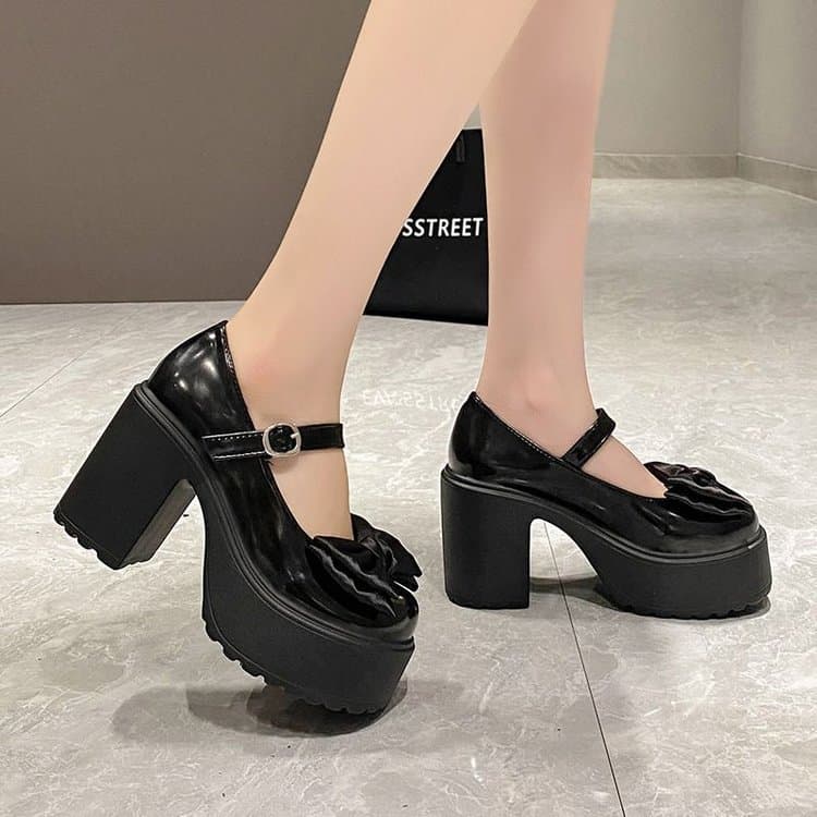 2024 summer new chunky heel thick-soled Mary Jane flats for women, uniform high heels with bow retro leather shoes.