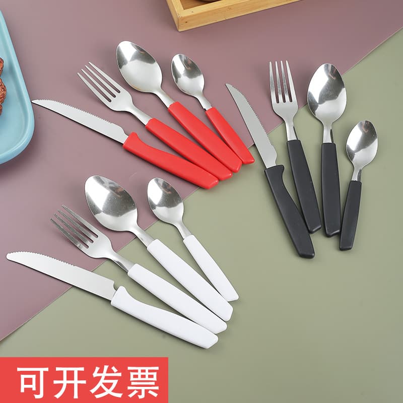 410 Stainless Steel Cutlery Set Knife Fork Spoon Cross-Border Brazil Flat Tail Slanted Tail Plastic Handle 24PCS Factory Wholesale