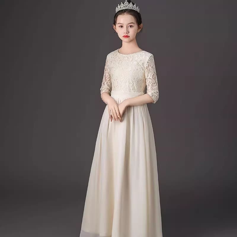 Solid color foreign trade children's dress new piano mid-sleeve dress guzheng big violin performance lace performance dress
