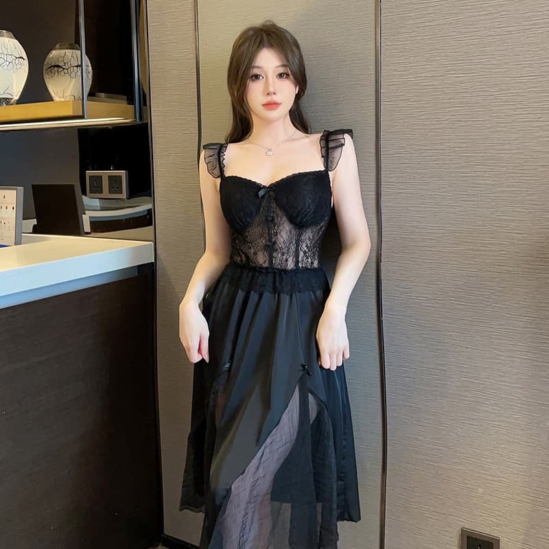 Women's Long Nightgown with Padded Bra, Long Sleeve Ice Silk Sleepwear for Spring/Summer, Ultra Waist-Cinching V-Neck Slimming Lace Trim