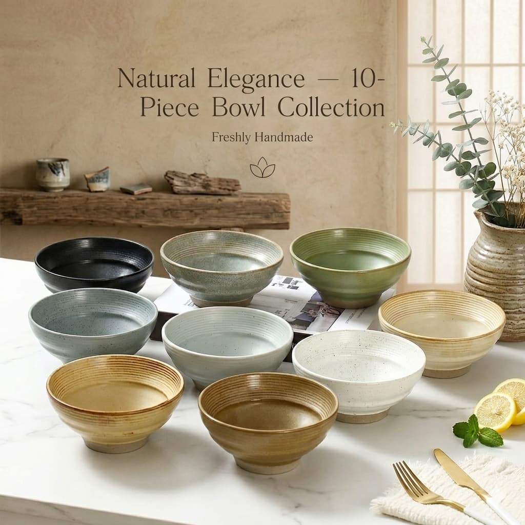 Japanese stoneware bowl household ceramic rice bowl soup bowl salad bowl set microwave available retro simple tableware