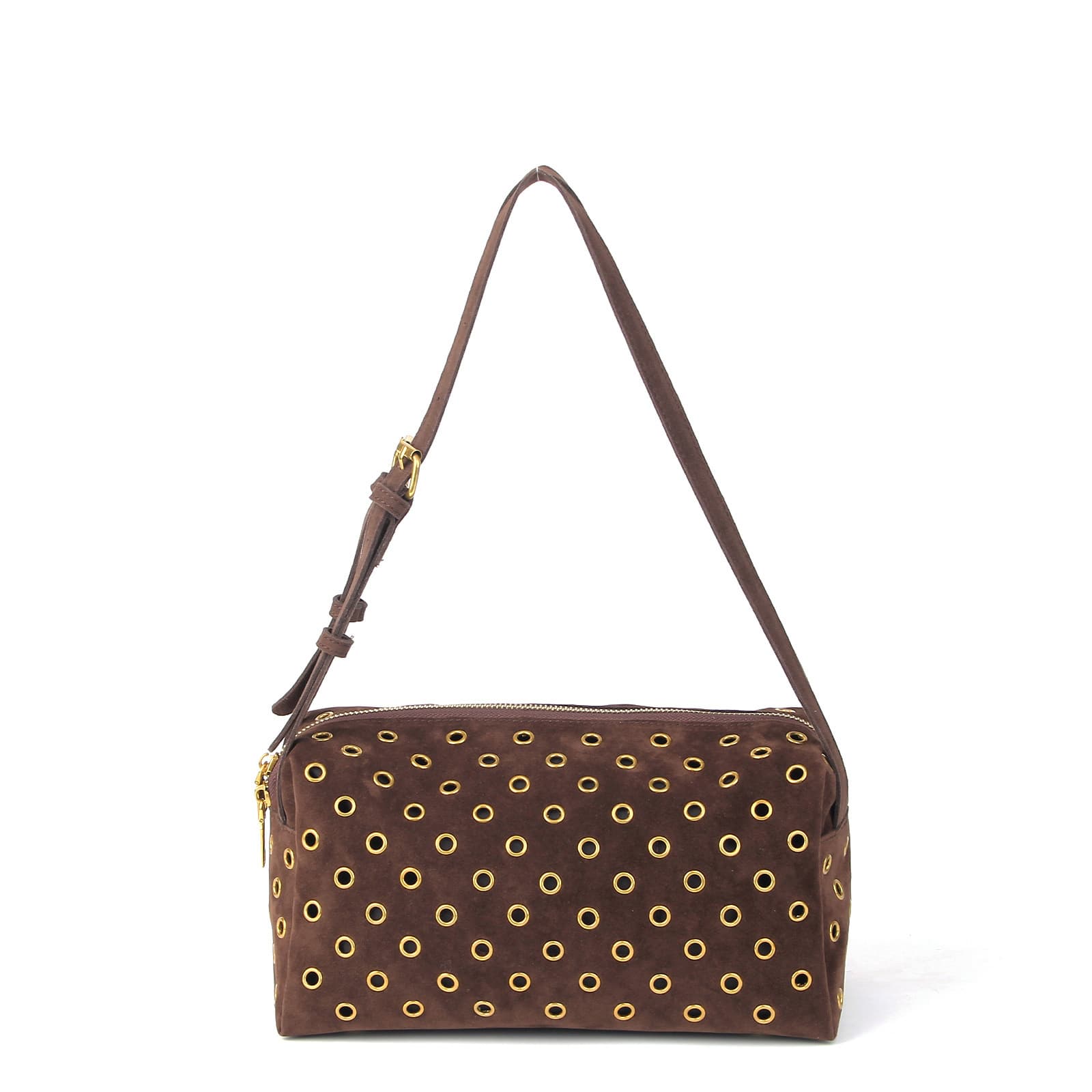 Cross-border Autumn/Winter New Retro Brown Rivet Large Capacity Shoulder Bag Metallic Cutout Handbag Casual Women's Bag