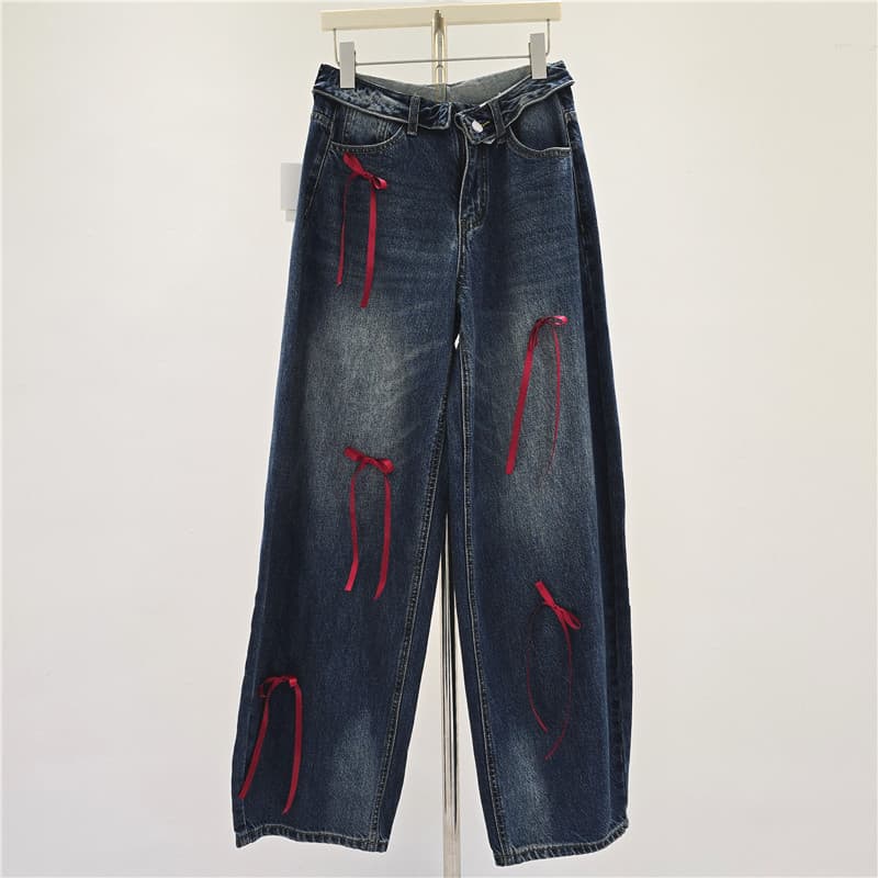 Vintage Washed Blue Red Bow Jeans, High-Waist Loose Wide-Leg Niche Design Versatile Denim Pants