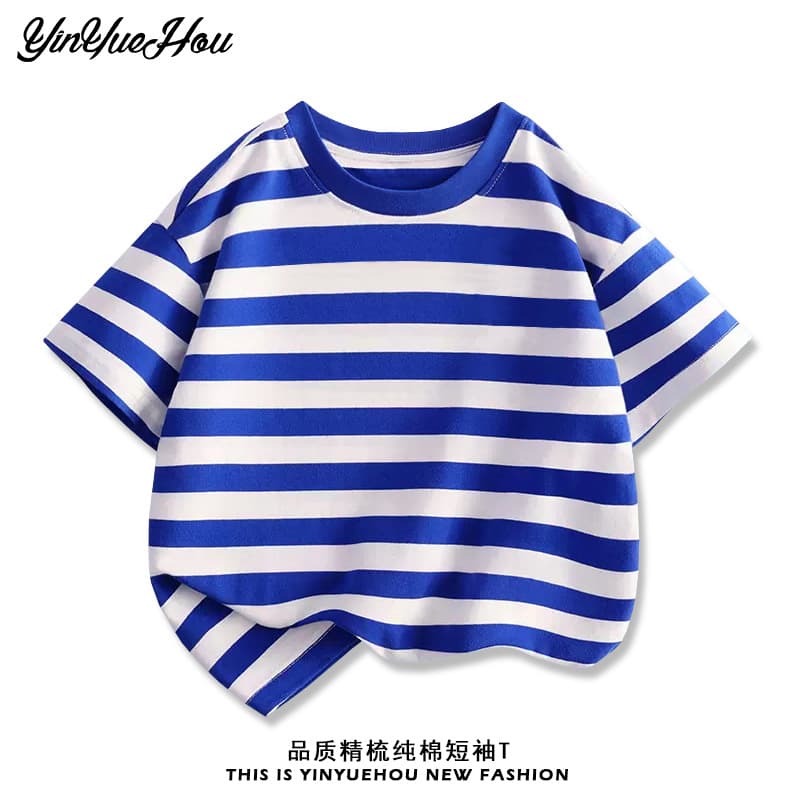 Boys' Summer Clothes in Stock, Children's Solid Color Short-Sleeved T-Shirt, Striped Half-Sleeve, Medium and Large Kids' Cross-Border Top