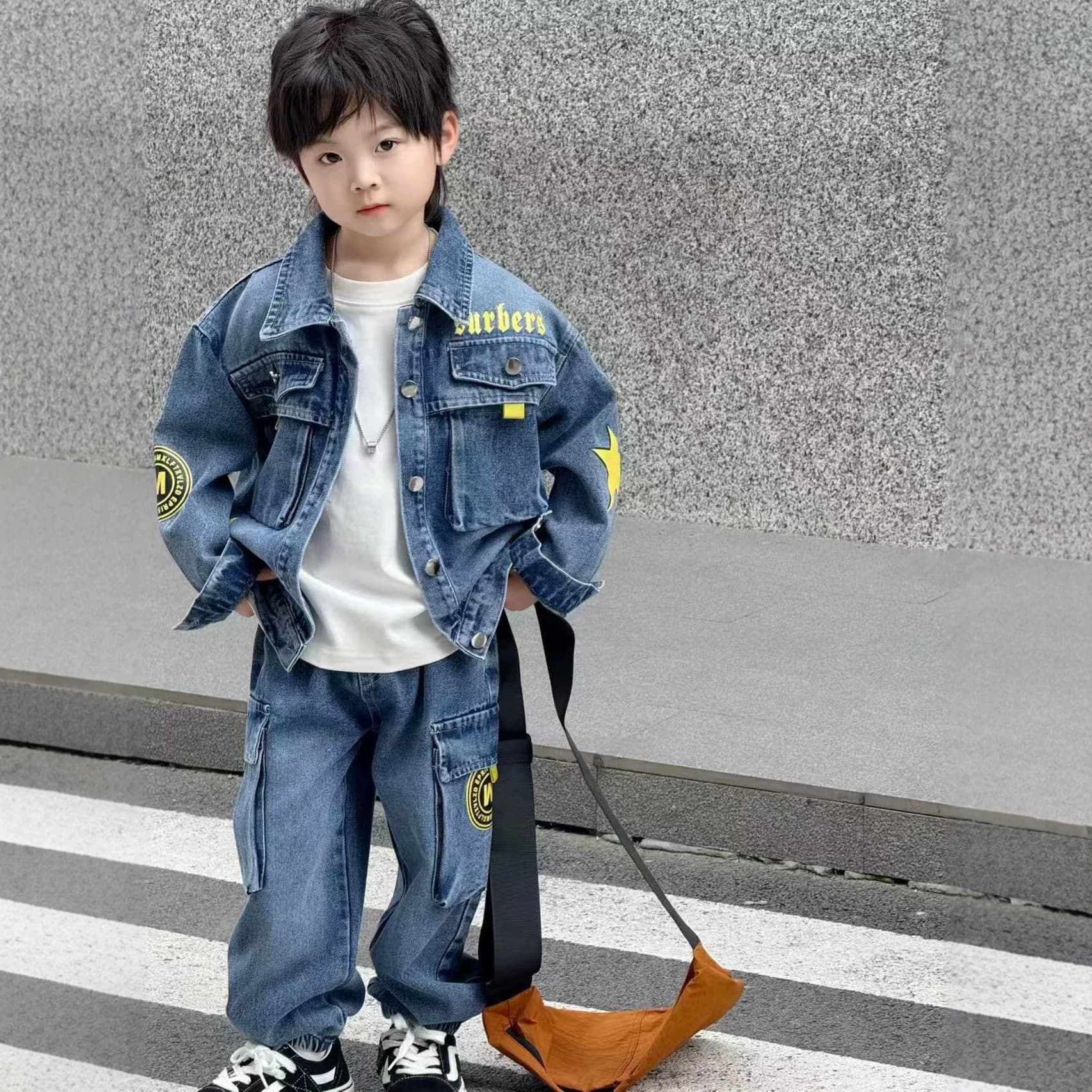Boy Jeans Sets, Export Children's Clothing, Boys and Girls, Medium to Large Kids, Button-Down Turn-Down Collar, Multi-Pocket, Printed Streetwear, Denim Two-Piece Set