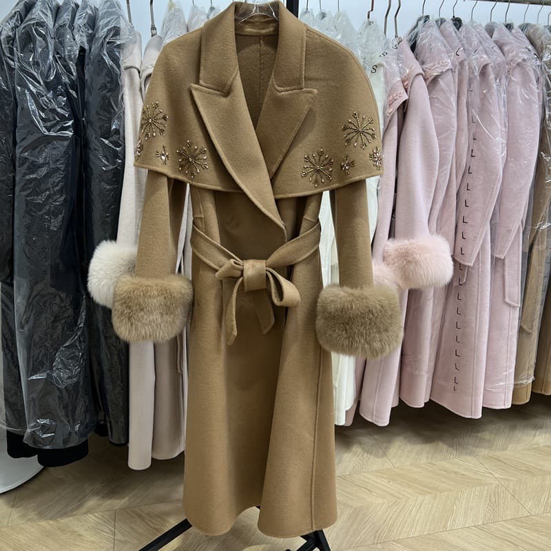 Double-Faced Cashmere Coat for Women, Premium Fox Fur Cuffs, Heavy Embroidery Woolen Fur Jacket, Mid-Length Style