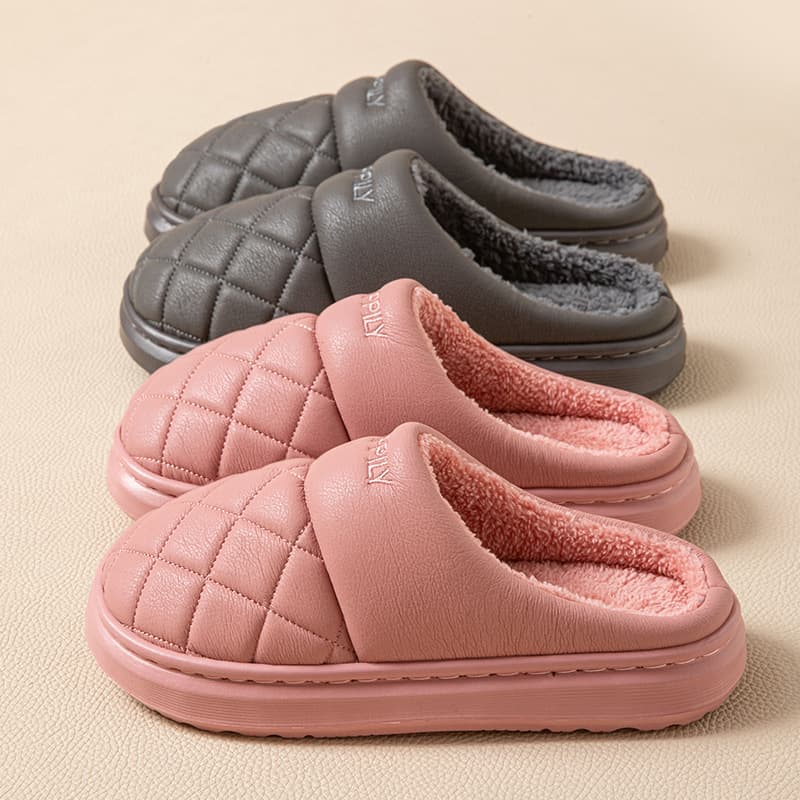 PU Waterproof Cotton Slippers for Women Autumn Winter 2026 New Home Non-Slip Thick Sole Fleece-Lined Warm Cotton Slippers Men Winter