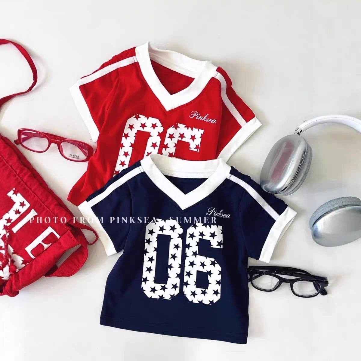 Girls Summer Short Sleeve Korean V-Neck Crop Top American Print Contrast Color Jersey T-Shirt Ins Cross-Border Trend