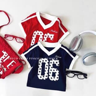 Girls Summer Short Sleeve Korean V-Neck Crop Top American Print Contrast Color Jersey T-Shirt Ins Cross-Border Trend
