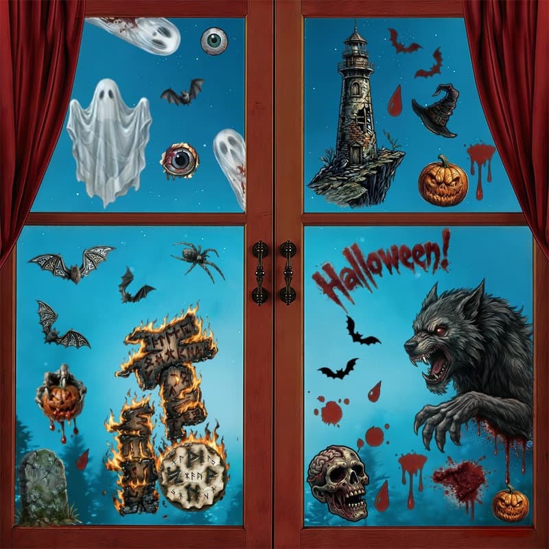 Halloween Horror Vampire Witch Spider Pumpkin Static Cling Window Sticker Decoration