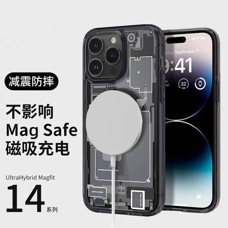 Spigen Magnetic Case for iPhone 15 Pro Max, 13 Pro, 12/11 - Tech Circuit Diagram Pattern, Wireless Charging Compatible Protective Cover