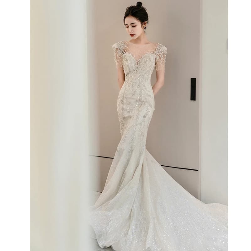Fishtail light wedding dress 2025 new bride going out dress French retro high-end welcome yarn large size small women