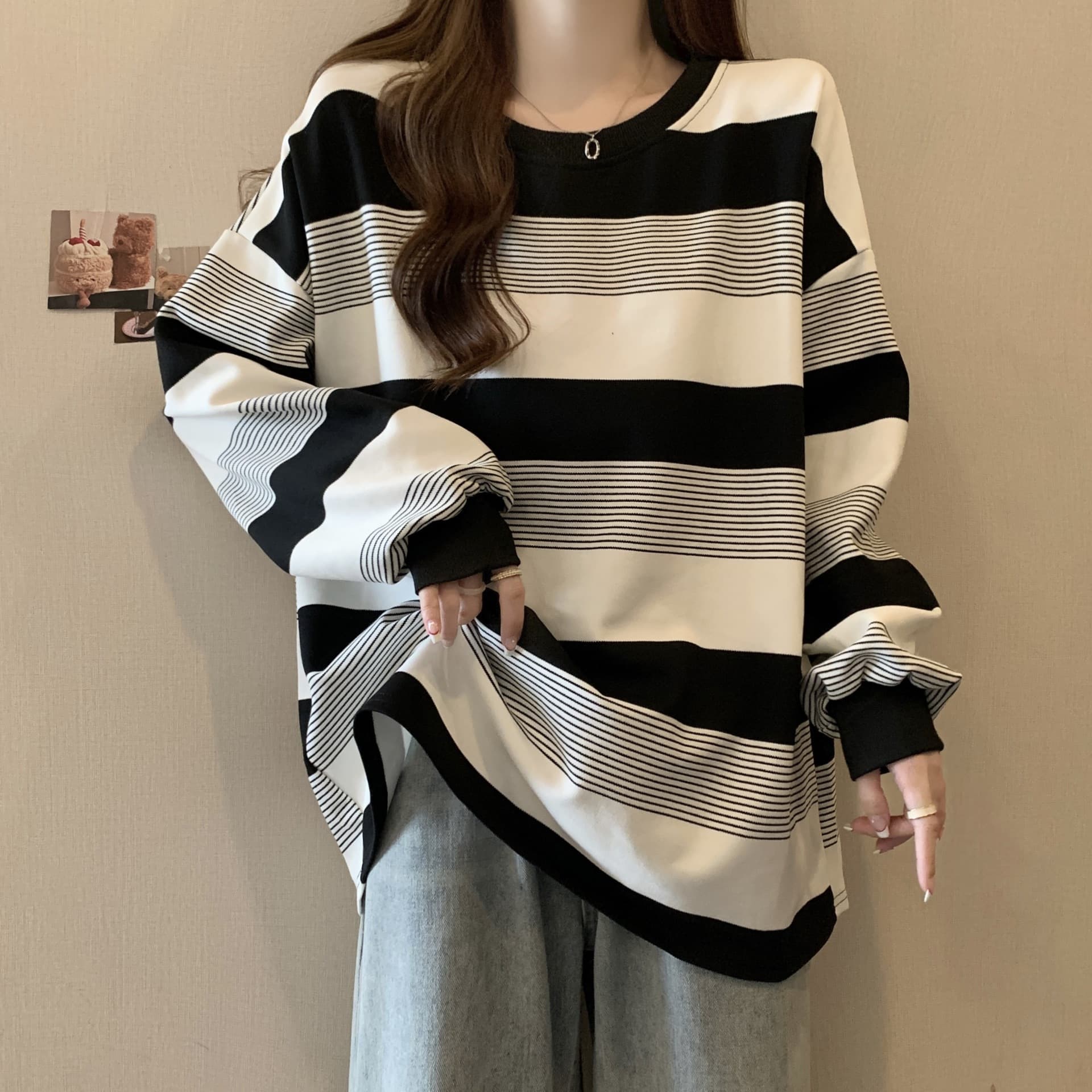 2025 New Fall Slimming Plus Size Loose Top for Students American Retro Striped Thin Sweatshirt for Women