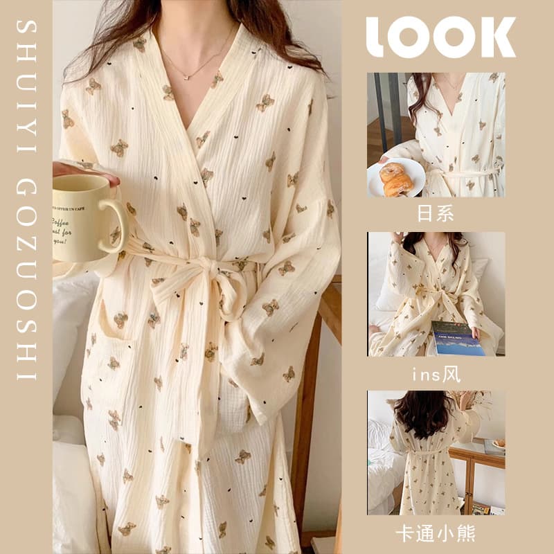 Autumn Cartoon Cute Ins Bear Print Bathrobe Nightgown Pajamas for Women, Spring/Autumn Long Sleeve Homewear