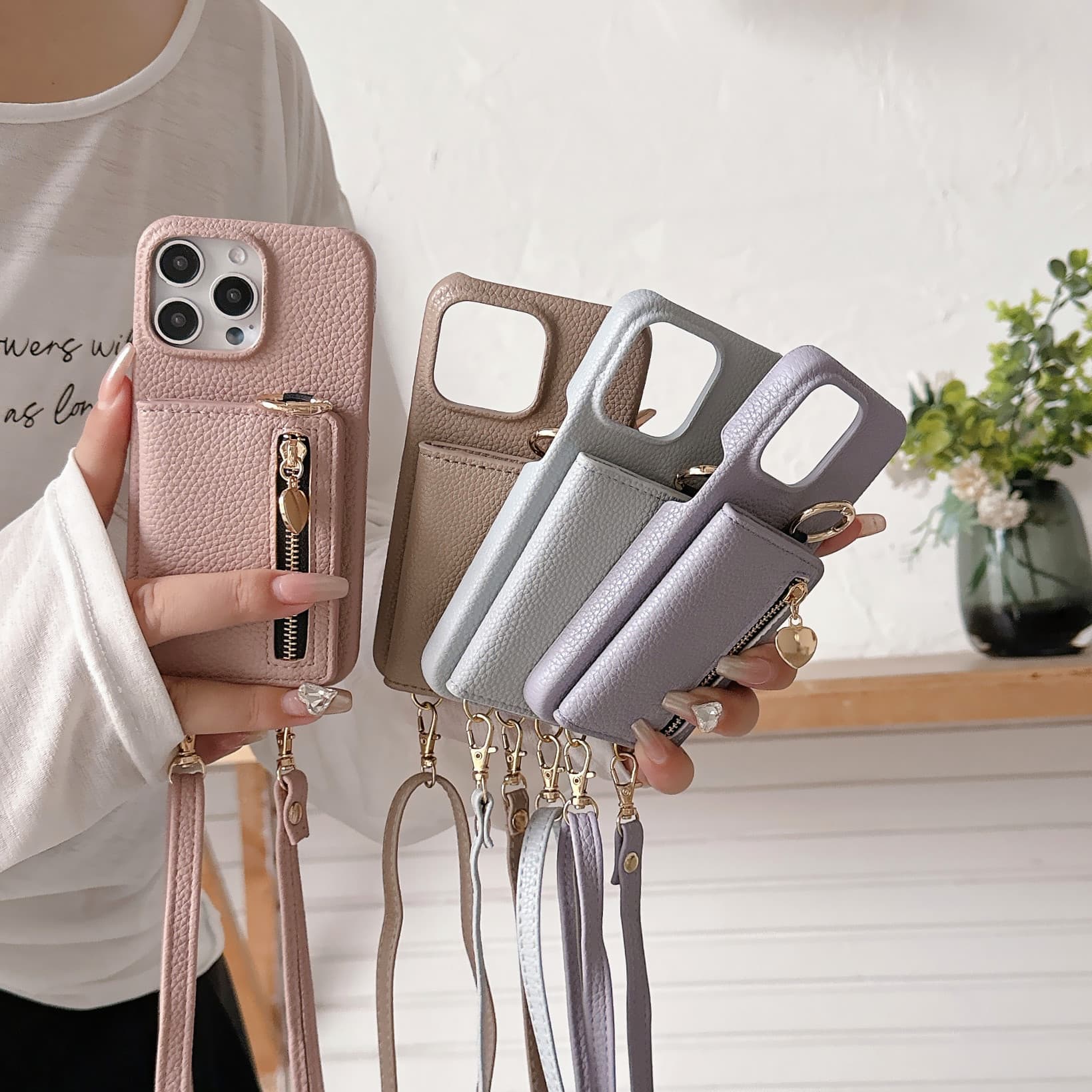 Compatible iPhone 16 Phone Case Apple 14 Zipper Wallet Samsung S24 Flip Card Slot Cover A55 Crossbody Lanyard
