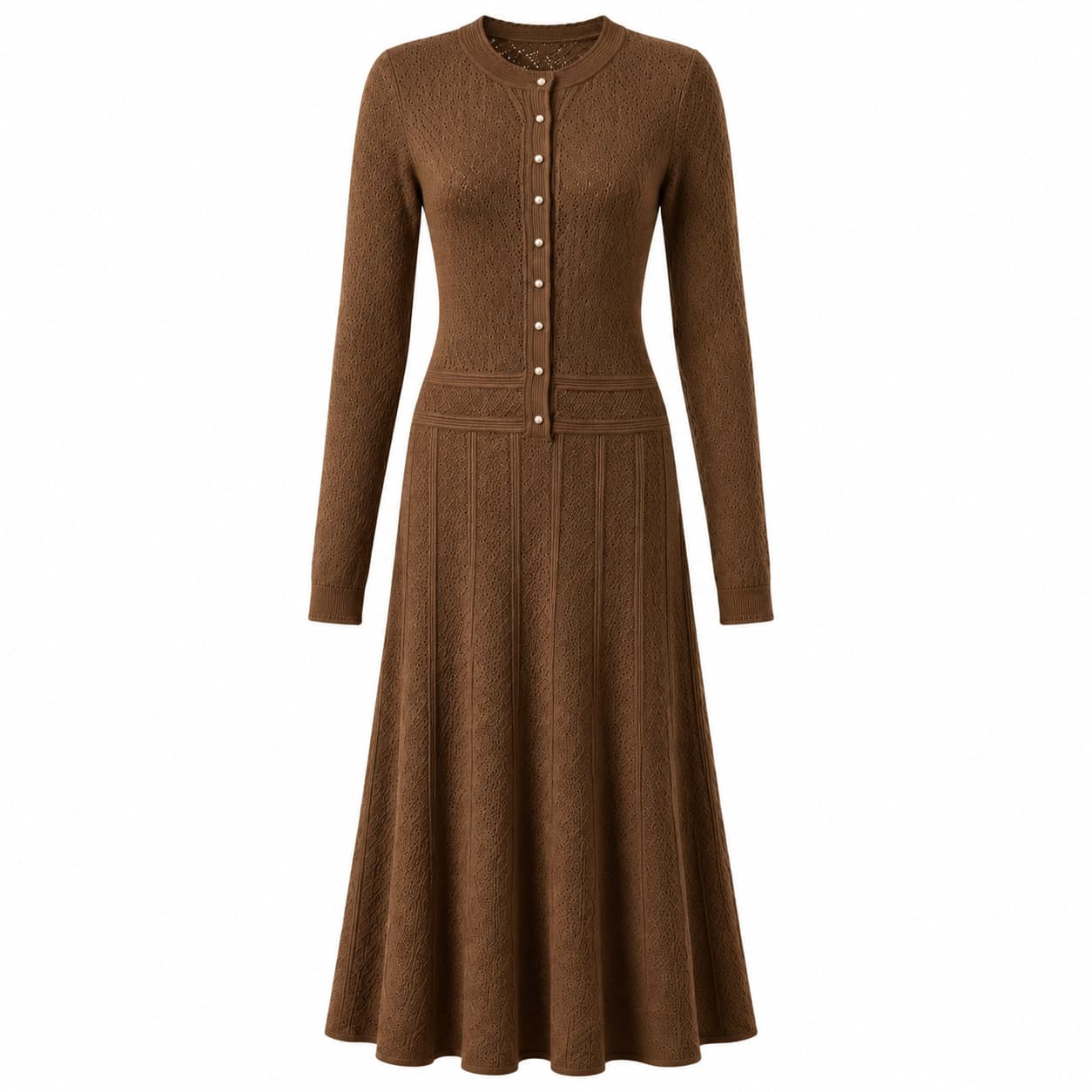 S Home Round Neck Hollow Knitted Long Dress AliExpress Slim PearlButton Dress Slim Long Sleeve Dress