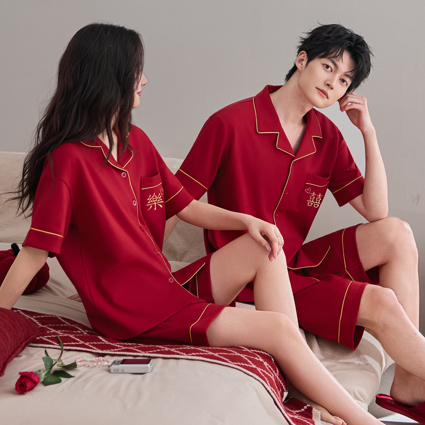 Pure cotton pajamas for women, summer cardigan, short-sleeved shorts, festive bright red wedding zodiac year home wear