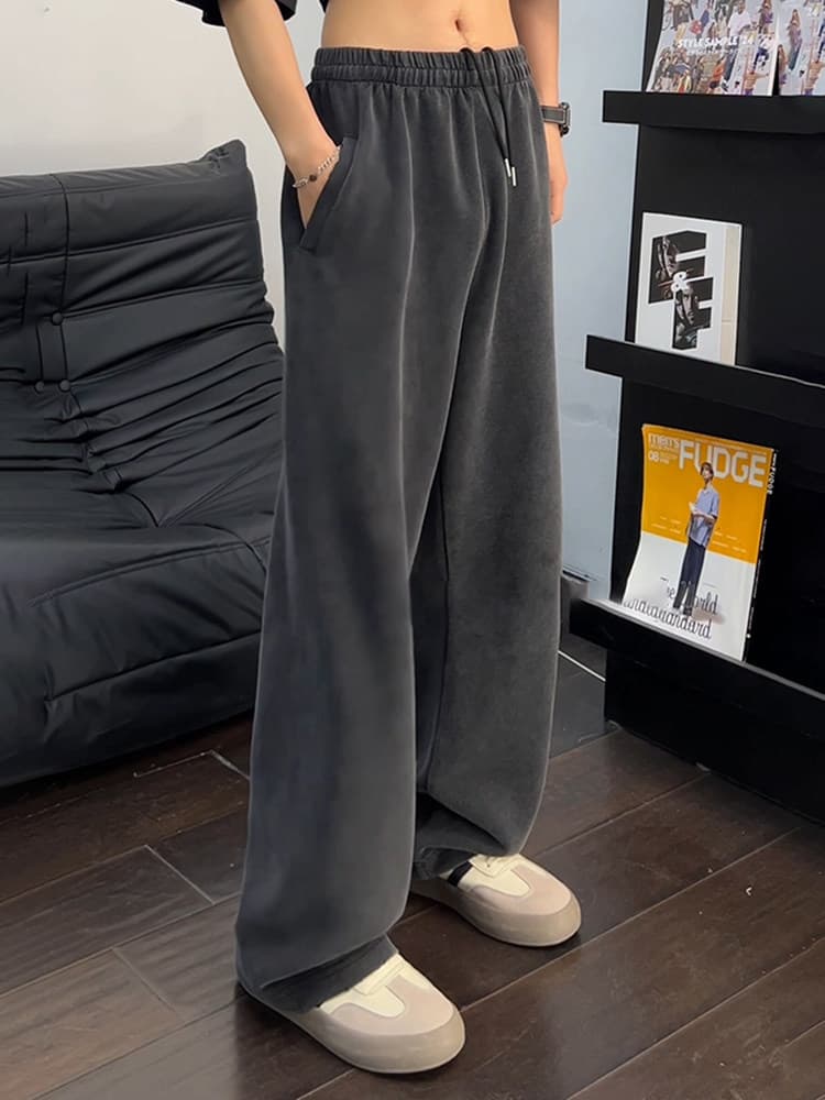 American Retro Washed Curved Sweatpants for Men, Fall/Winter Fleece-Lined Loose Wide-Leg Casual Straight Pants