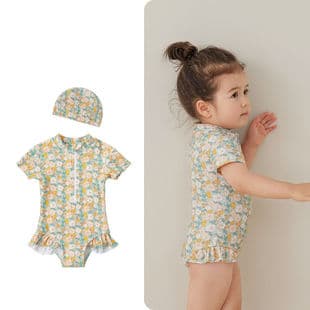 Girls Summer One-Piece Short-Sleeve Swimsuit, Quick-Dry Beach Sun Protection Wear, Floral Ruffle Swimwear for Kids