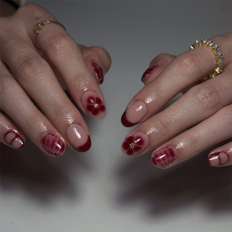 Hot-selling European and American fashion short round glitter nail art, French red floral nail wholesale