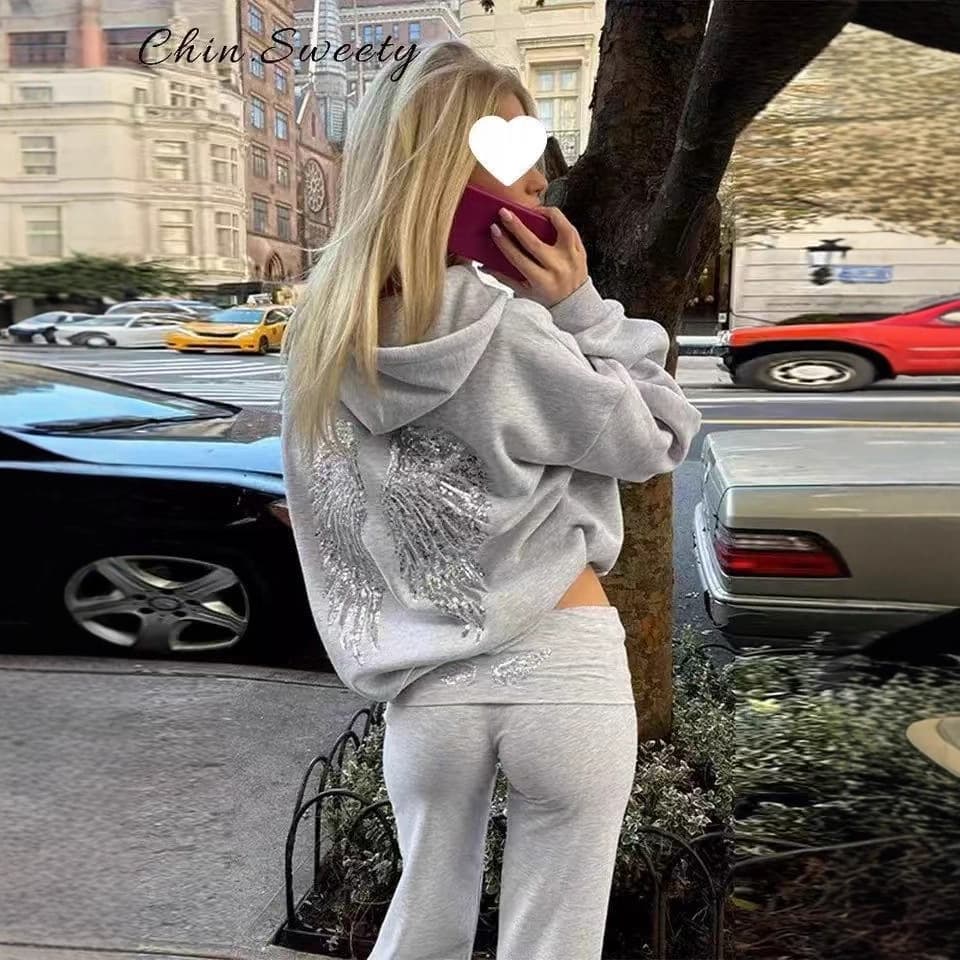 Y2K Sweet & Spicy Wings Sequin Casual Hoodie and Pants Set, Fashionable Versatile Solid Color Outfit for Women, European & American Streetwear