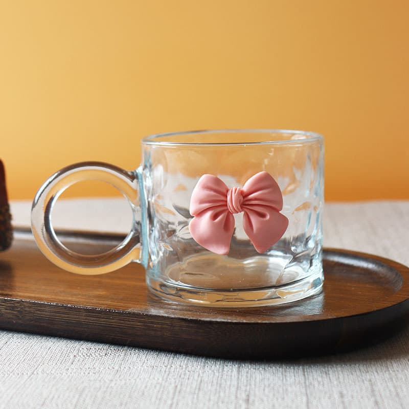 Bow bubble handle glass ins mug flower tea cup creative drinking cup gift cup ins style