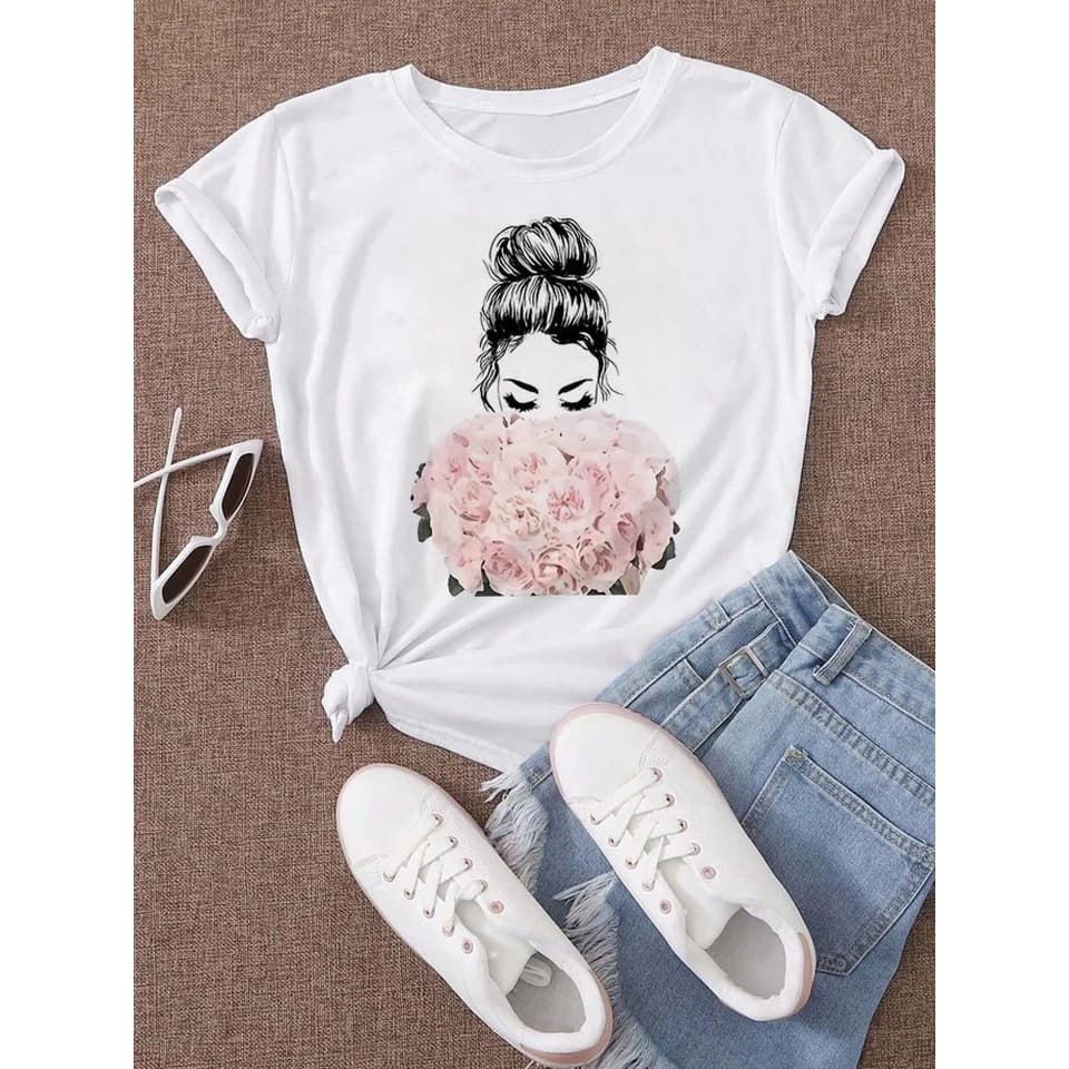 Fashion Printed High-Heeled Shoes, Printed T-Shirt for Women, Harajuku Pattern T-Shirt, Casual Women's T-Shirt