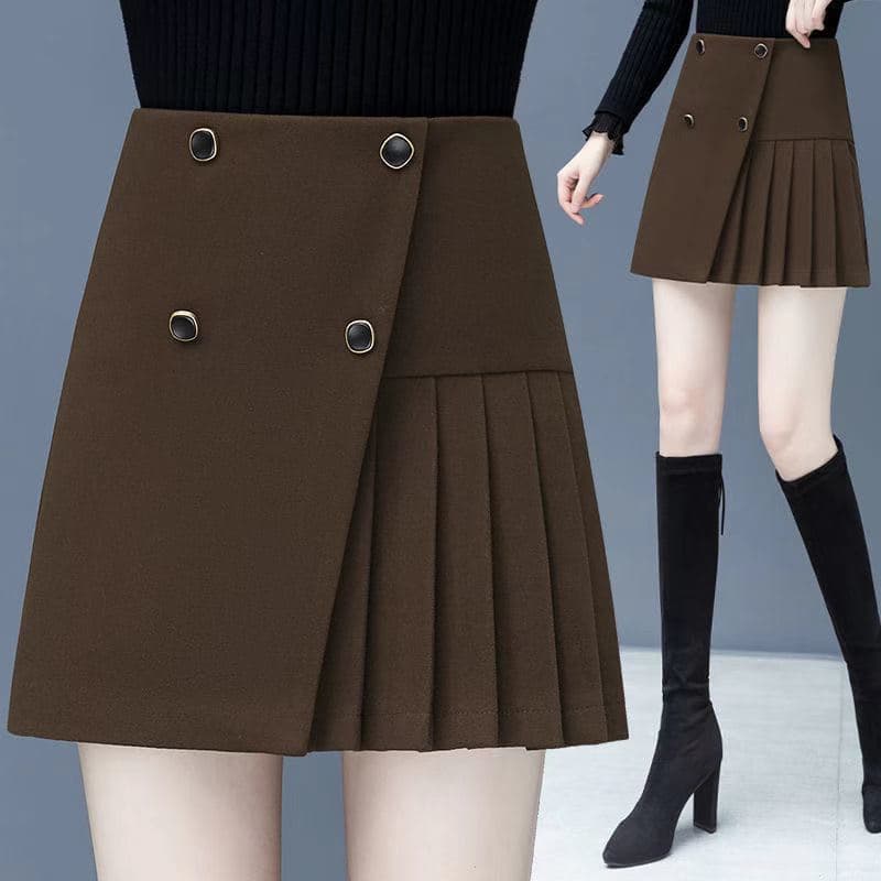 Wool Pleated Skirt Women's Autumn Spring New Short Skirt Fashion Versatile Slim High Waist Winter Skirt Half Skirt