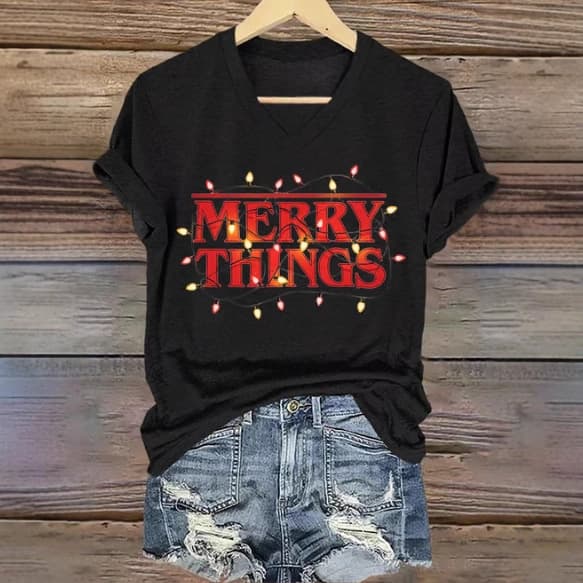2025 European and American Cross-Border Women's Christmas V-Neck Short Sleeve Amazon T-Shirt Top