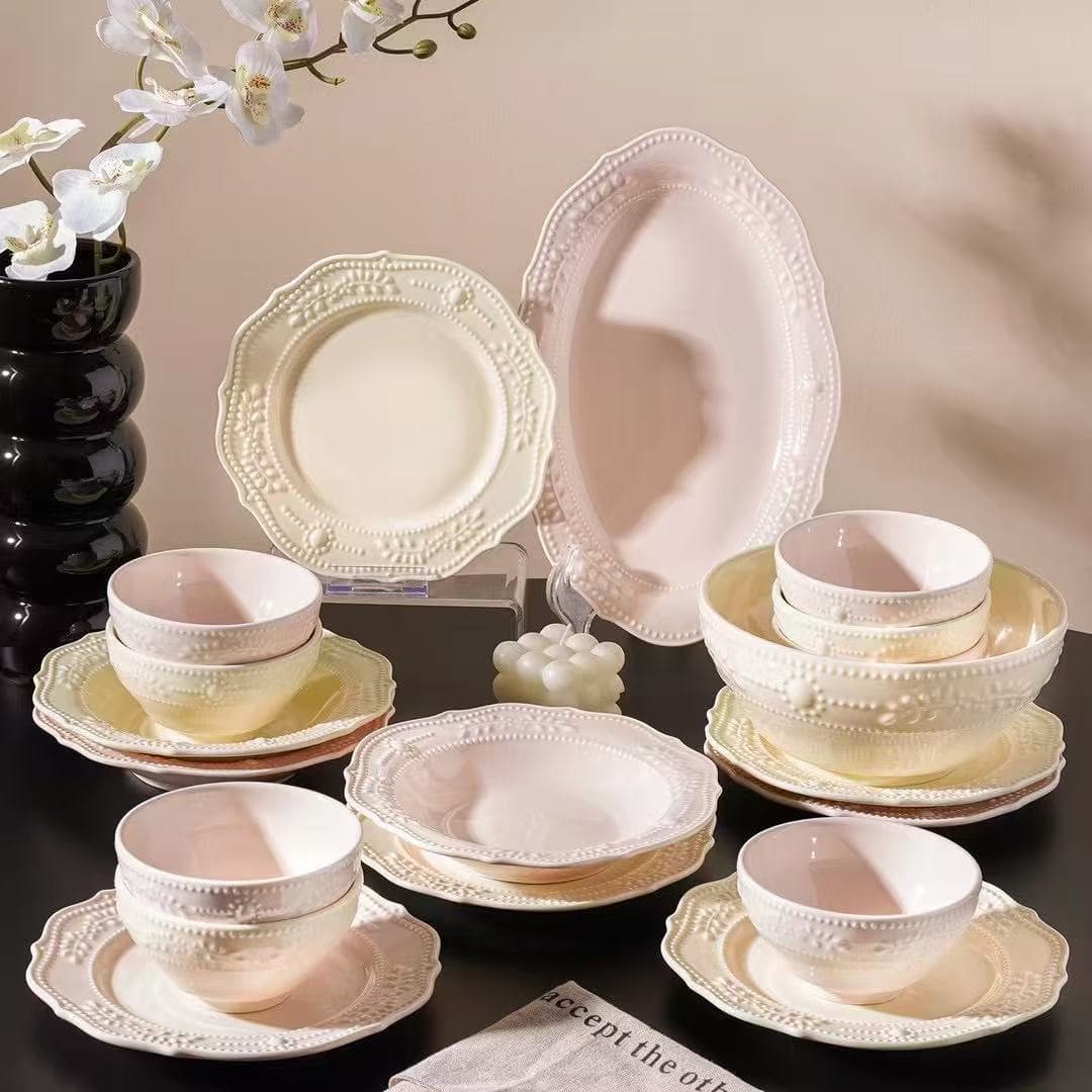 French Embossed Bowl and Plate Set Home New Ceramic Tableware Luxury High-End Ceramic Bowl Scalloped Plate