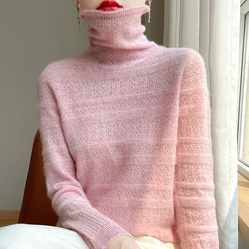 Spring and Autumn Women's Knit Sweater Seamless Mock Neck Pullover One-Piece Yarn Hollow Out Base Layer Cross-Border Wholesale