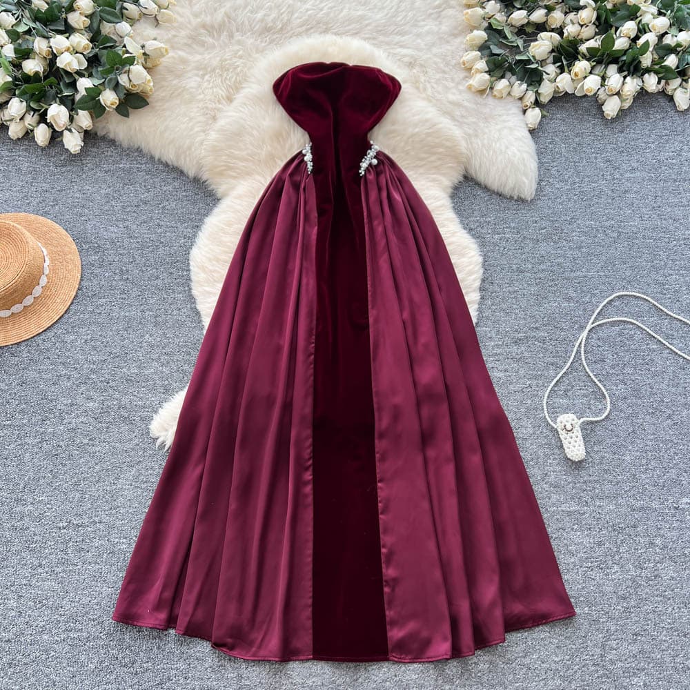 Carefully selected European and American style celebrities' high-end tube top dress for women, autumn velvet diamond-encrusted design, long skirt dress