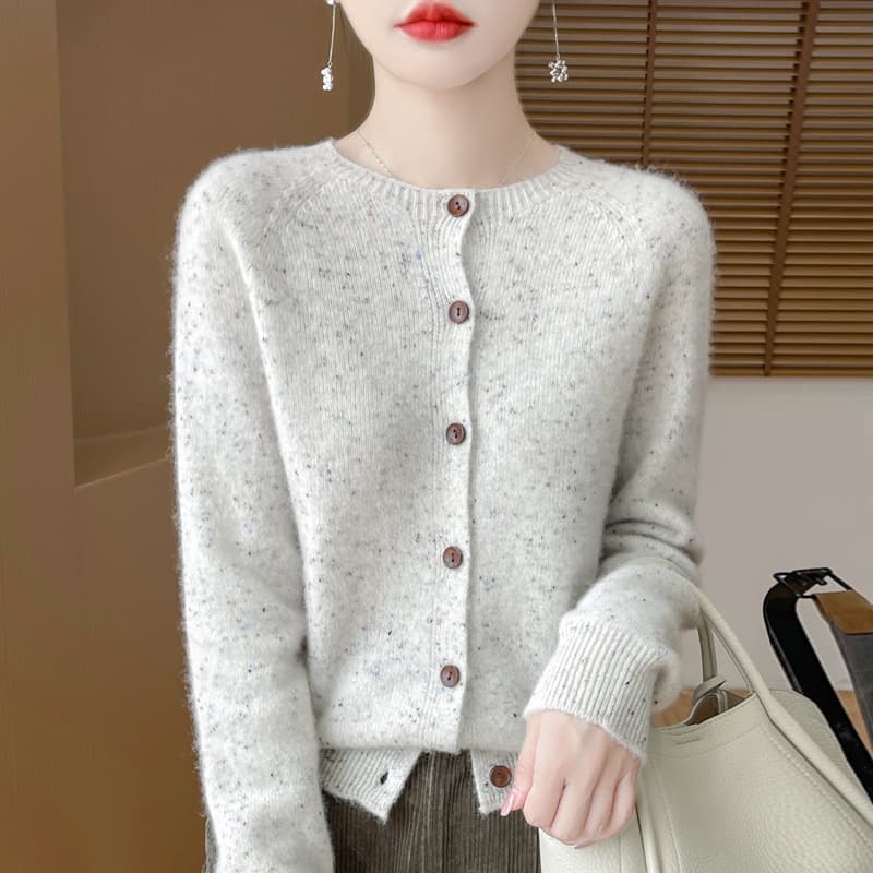 Wholesale 2025 Spring/Autumn New Knitted 100% Wool Cardigan Women Round Neck One-Piece Knitwear Dot Yarn Sweater Coat