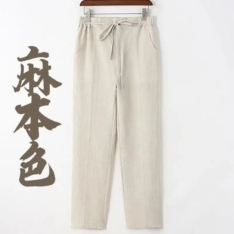 Solid color linen casual pants for men in summer thin Chinese style cotton and linen pants for men loose tight waisted straight trousers