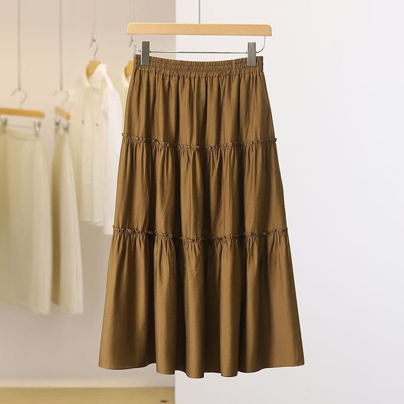 Elastic Waist Midi Skirt Women's Solid High Waist Long Dress Korean Style Dongdaemun New Summer Collection