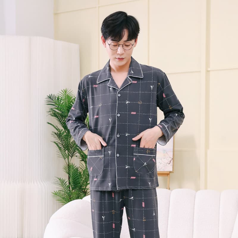 New Style Men's Pajamas Reversible Milk Silk Long Sleeve Thin Grey Plaid Loose-fit Home Clothes Suit