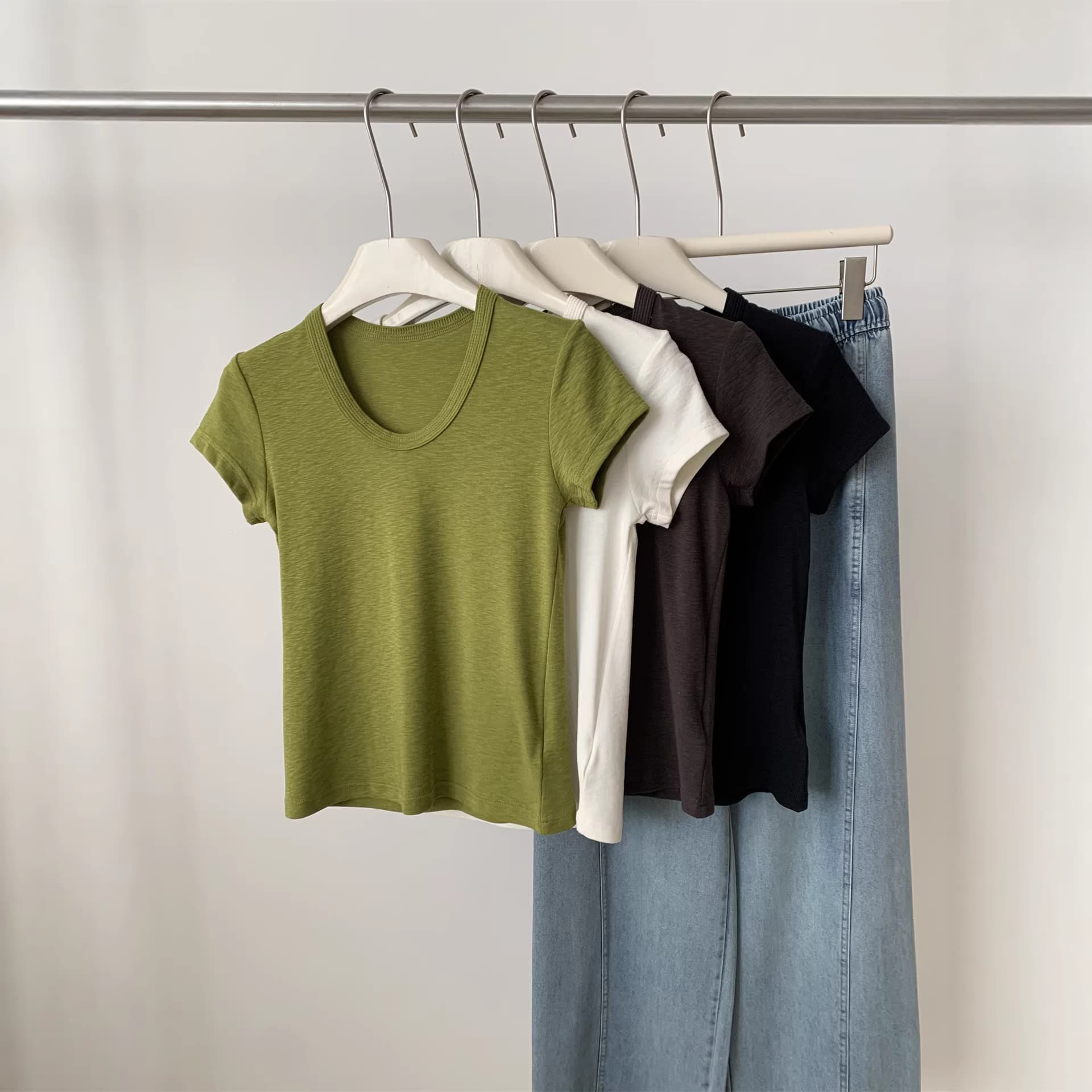 Goose egg U-neck Lenzing Tencel Modal cotton T-shirt for women 2026 spring and summer soft and waxy skin-friendly double-pressed short-sleeved top
