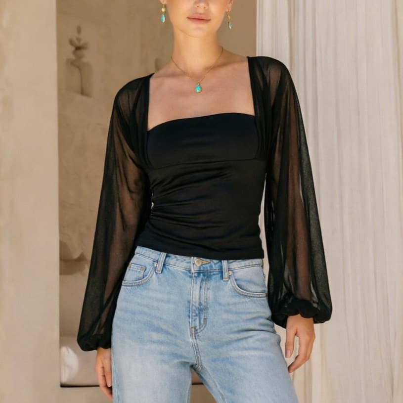 European and American Cross-Border Trendy Mesh Patch Lantern Sleeve Long Sleeve Versatile T-Shirt for Women Summer Sheer Sexy Top