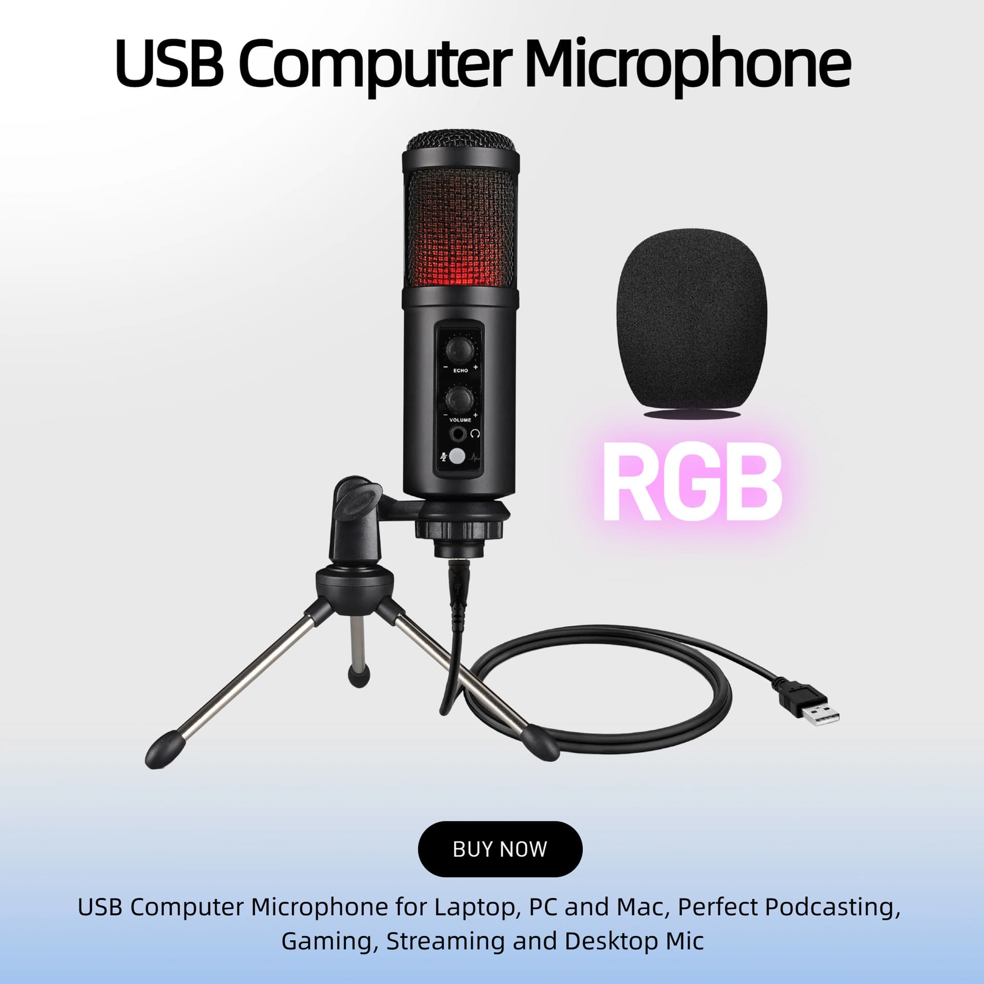 USB Computer Gaming Microphone for Singing Recording with Reverb Monitoring Noise Reduction Mute RGB Light Condenser Microphone