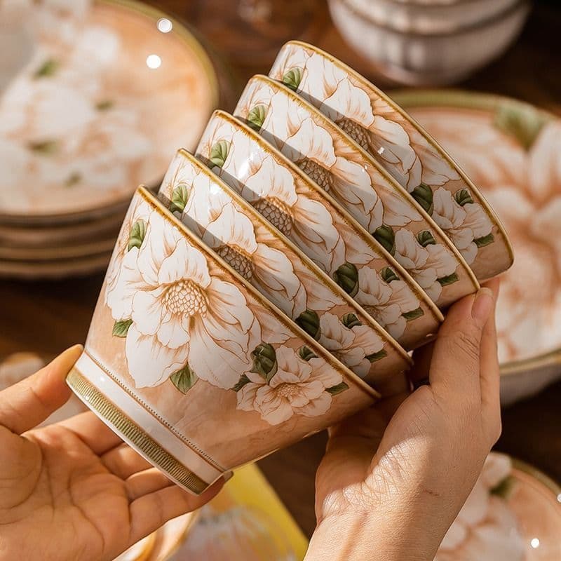 Japanese rice bowl camellia hat bowl tall bowl underglaze color tableware ceramic bowl microwave bowl household rice bowl