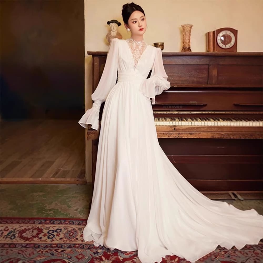 French-style Light Wedding Dress 2026 New Long Sleeve Bride Fairy Morning Robe Ceremony Dress Elegant Small Train Gown