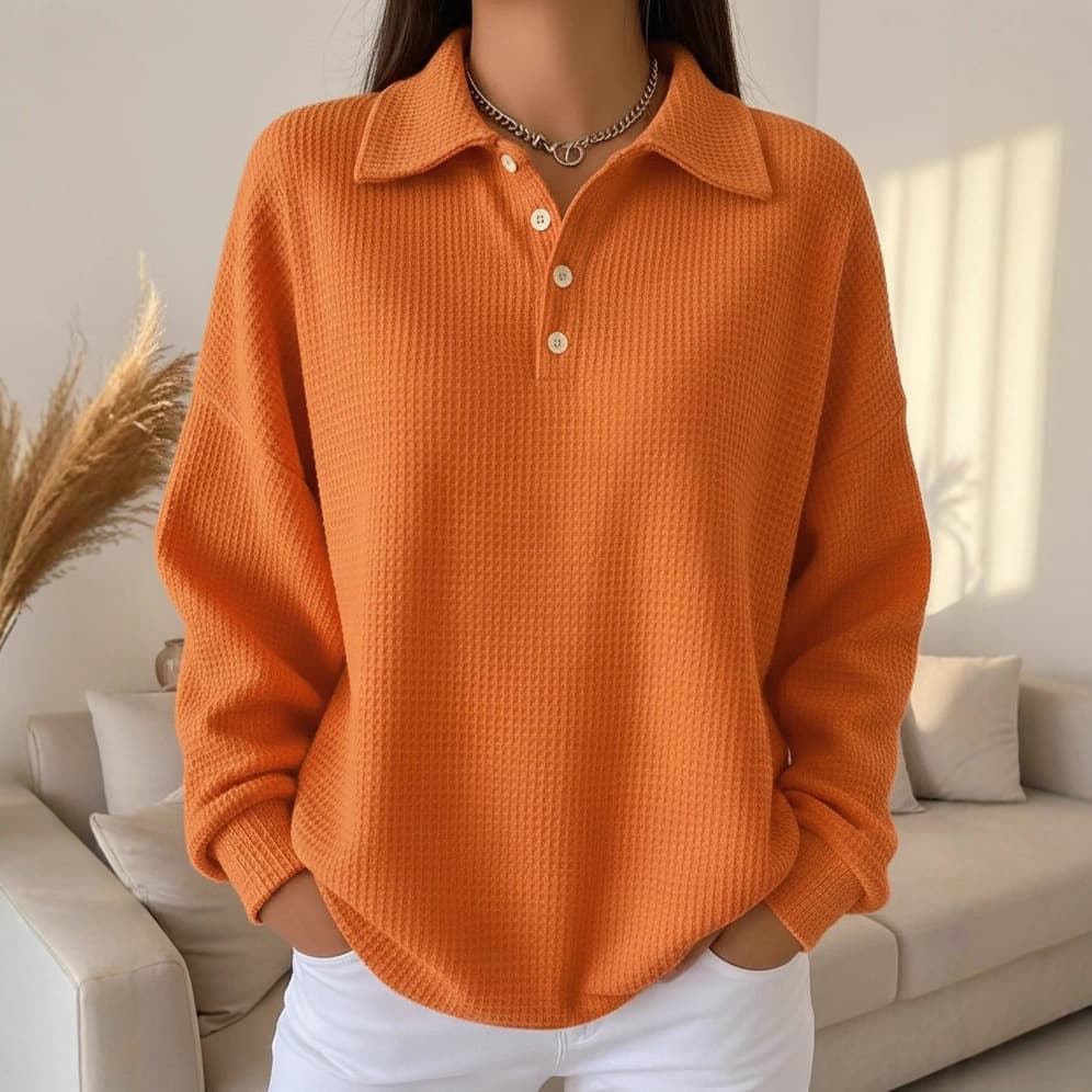 European/American Cross-Border 2025 Autumn/Winter New Loose Solid Color Collar Versatile Polo Shirt, Waffle Knit Long-Sleeve Women's Top