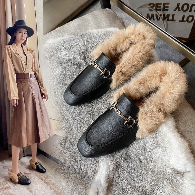 Women's winter outer wear fur shoes 2025 new autumn and winter flat heel plus velvet beanie shoes rabbit fur single shoes women's shoes trendy
