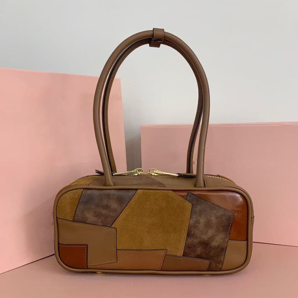 Tote Bag Women's Bag Genuine Leather New Splicing Long Handle Bowling Bag European and American Retro Contrasting Color Satchel Shoulder Bag