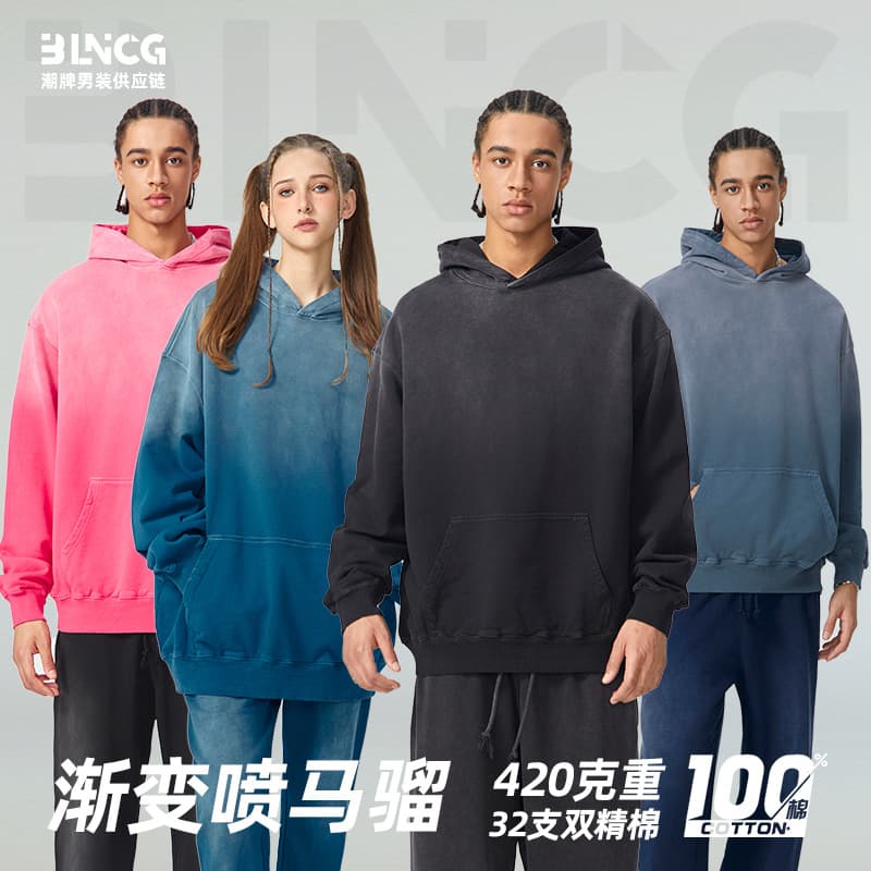 BG Streetwear American-Style 420g Heavyweight Cotton Washed Hoodie Vintage Gradient Spray-Dyed Distressed Jacket