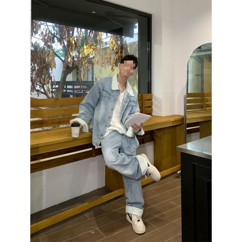 Trendy Blue Denim Suit Men's High-End Jacket Korean Style Design Jeans Matching Set for Men and Women