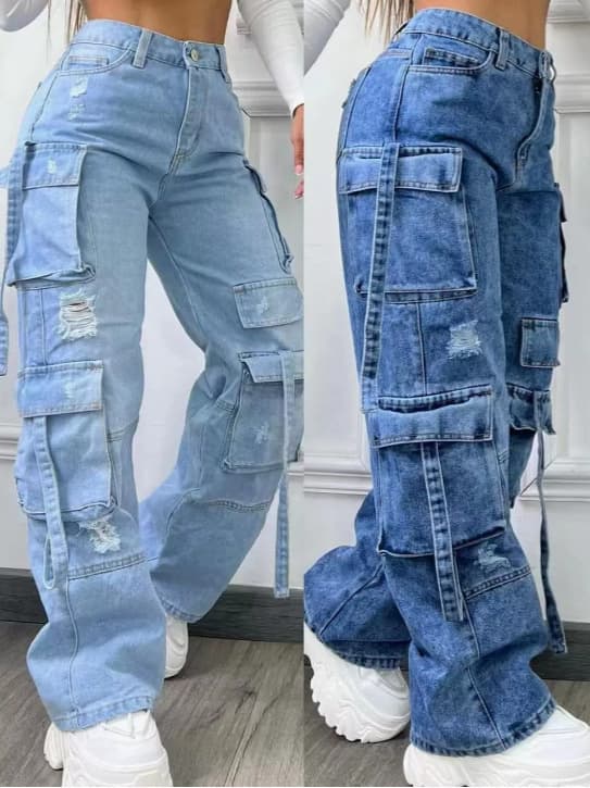 European & American Import 2026 New Fashion Solid Color Versatile Plus Size High Waist Multi-Pocket Casual Cargo Denim Long Pants for Women